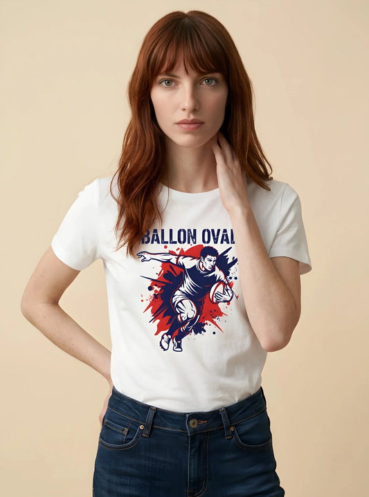 T-shirt Ballon Ovale Le Coureur blanc, vue face joueur en pleine course