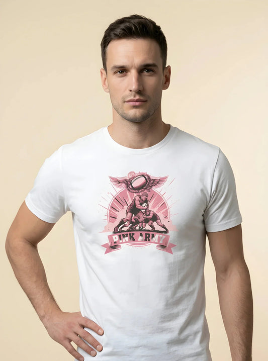 T-shirt rugby Ballon Ovale Pink Army blanc, vue face visuel plaquage rose