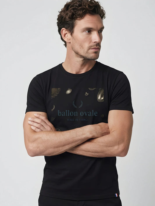 T-shirt noir Rugby Heritage Gravure Ballon Ovale, vue face motifs dorés gravure