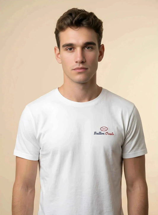 T-shirt rugby Ballon Ovale blanc Signature Tricolore, vue face logo coeur