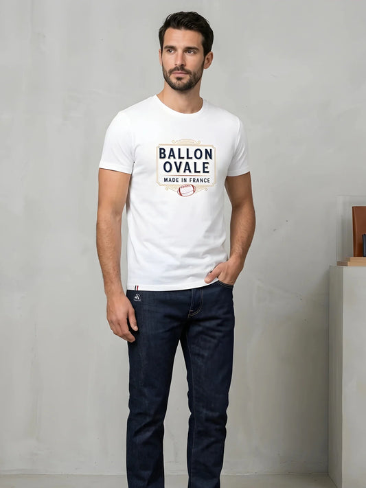 T-shirt rugby Blanc Blason Vintage Ballon Ovale, vue face made in France