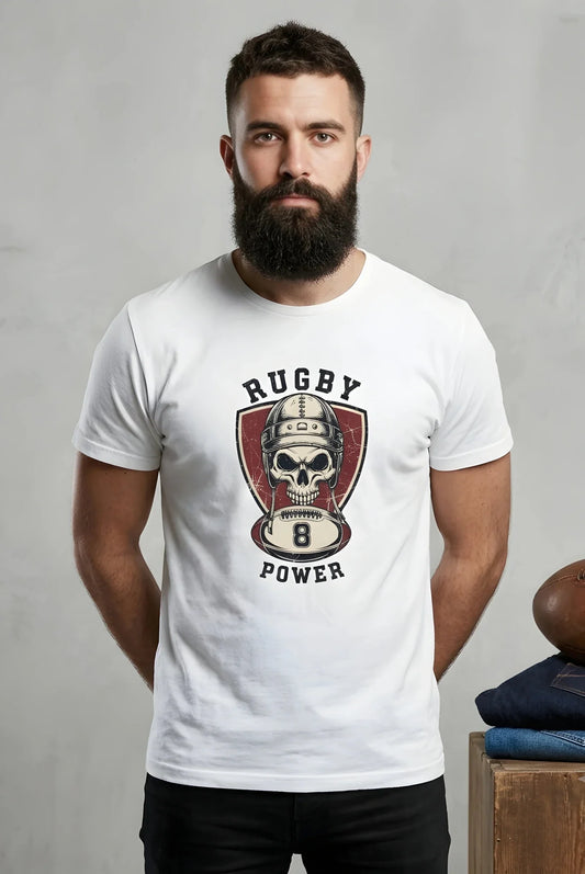 T-shirt rugby Vintage Power 8 blanc, vue face crâne casque cuir rétro