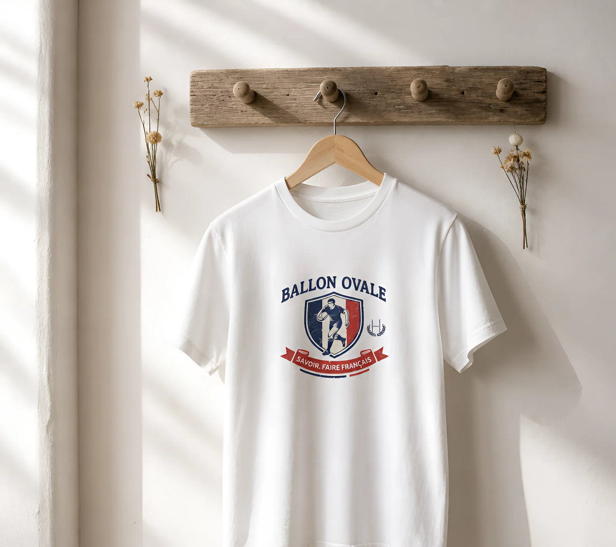 T-shirt Blanc Rugby Ballon Ovale Blason Vintage Savoir-Faire Français poitrine - ballon ovale