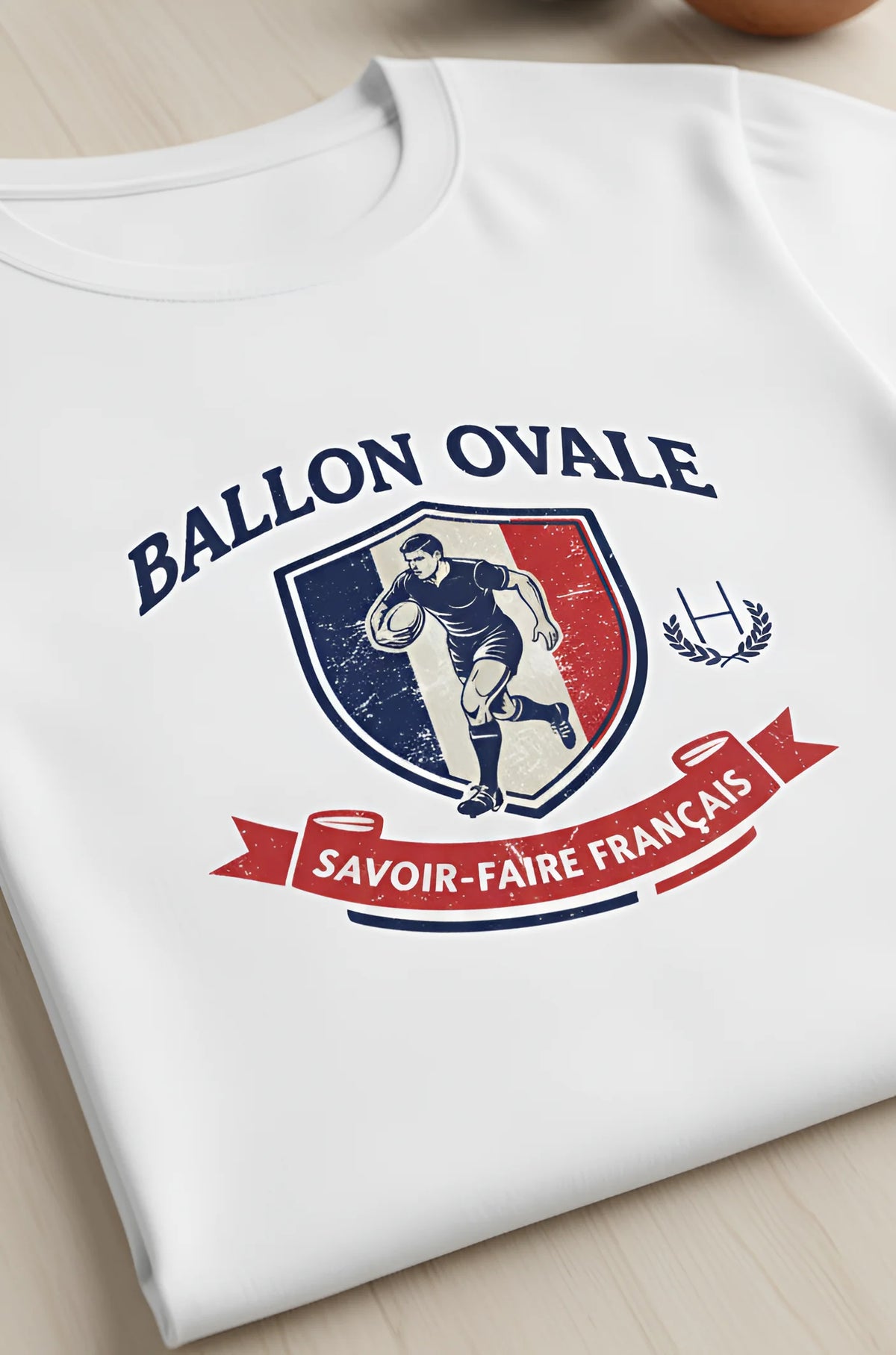 T-shirt Blanc Rugby Ballon Ovale Blason Vintage Savoir-Faire Français poitrine - ballon ovale