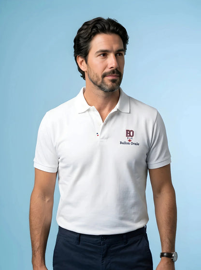 Polo Ballon Ovale signature blanc homme, vue face broderie BO
