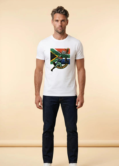 T-shirt rugby Ballon Ovale Afrique du Sud blanc, vue face joueur et drapeau sud-africain