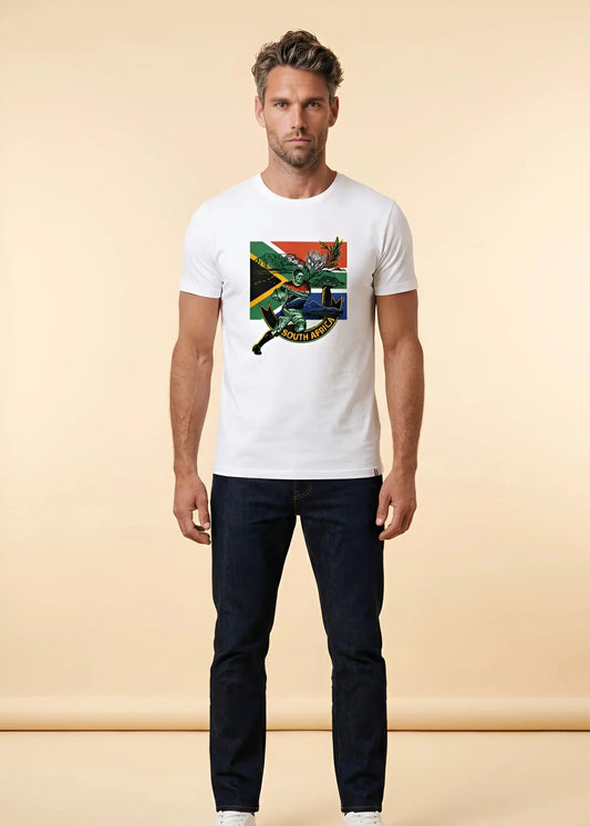 T-shirt rugby Ballon Ovale Afrique du Sud blanc, vue face joueur et drapeau sud-africain