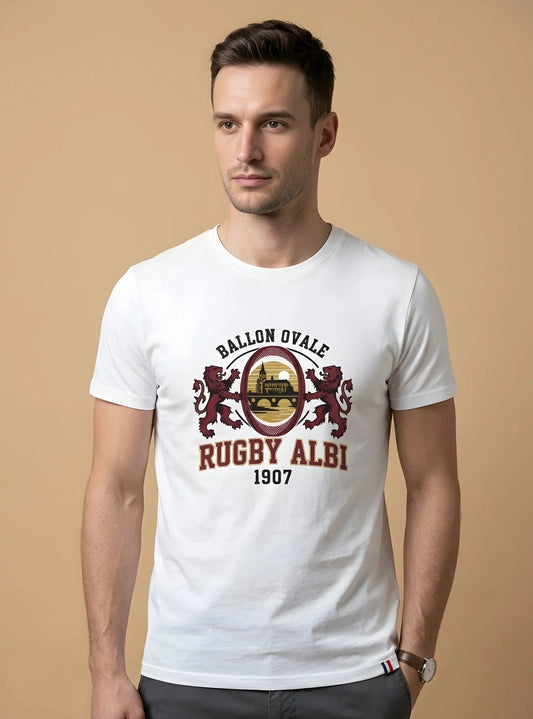 T-shirt rugby Ballon Ovale Albi L'Héritage noir, vue face lions et cathédrale Sainte-Cécile