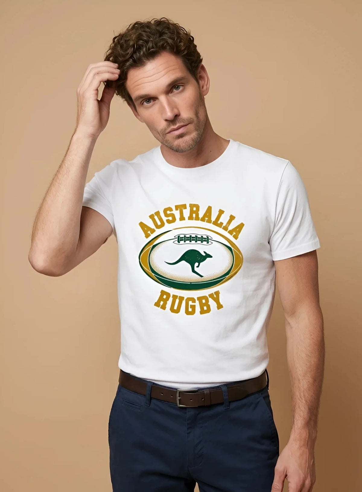 T-shirt rugby Ballon Ovale Australie blanc, vue face kangourou Australia Rugby
