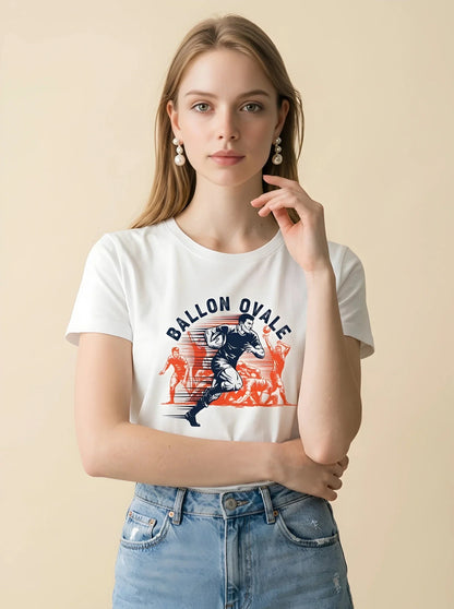 T-shirt Ballon Ovale Esprit Vintage blanc, vue face joueur affiche sportive rétro