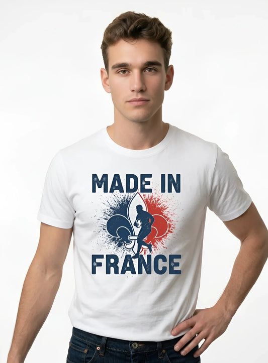 T-shirt rugby Ballon Ovale Fleur de Lys blanc, vue face joueur et fleur de lys tricolore