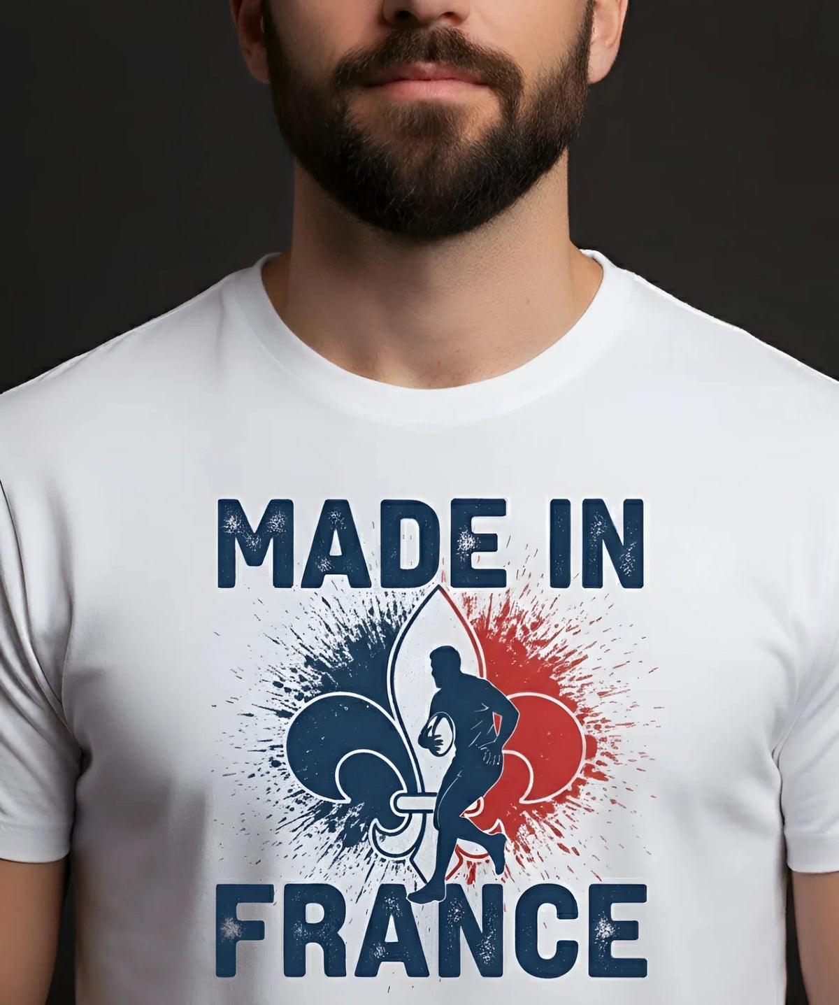 T-shirt rugby Ballon Ovale Fleur de Lys, détail inscription Made in France