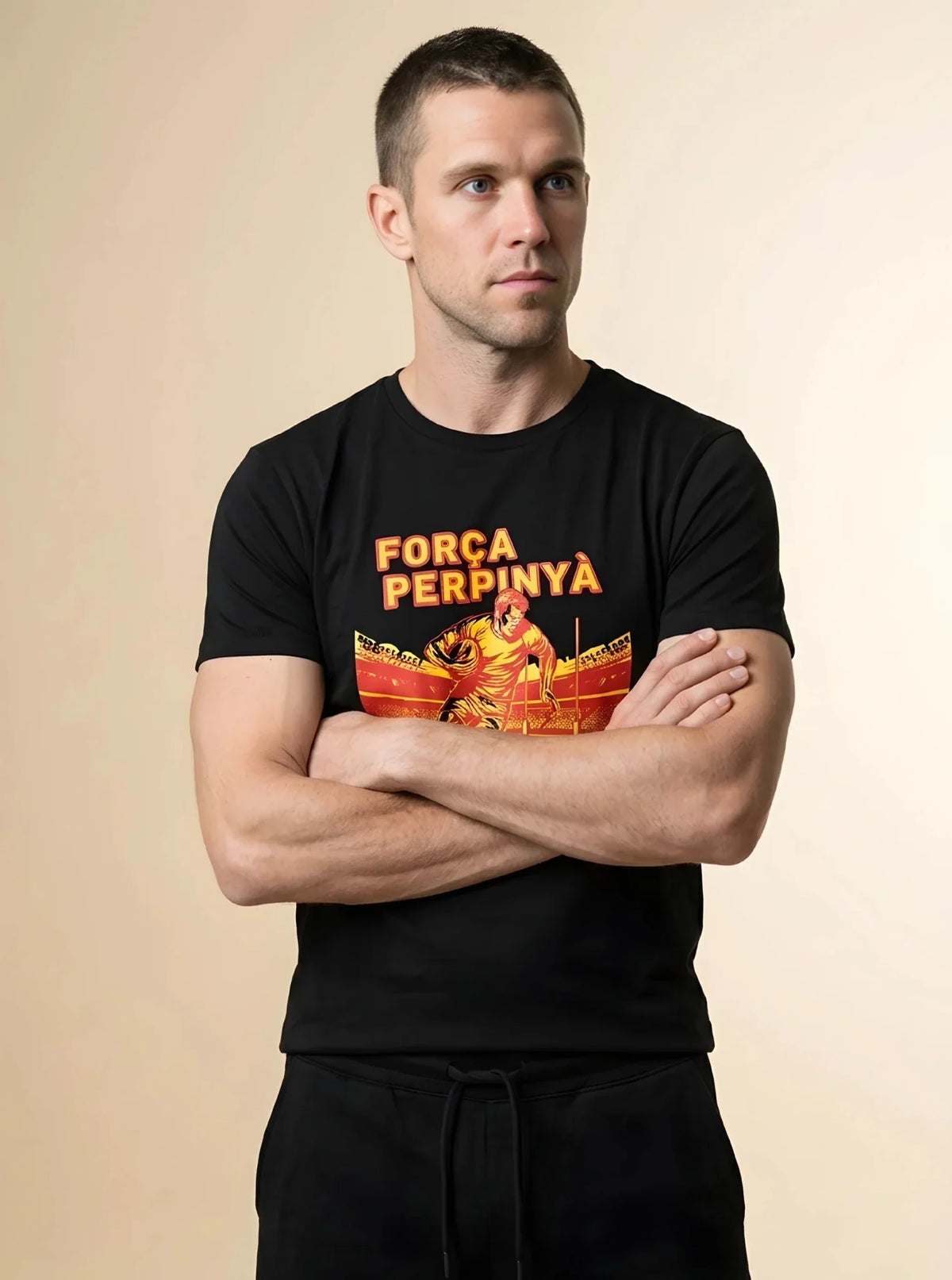 T-shirt rugby Ballon Ovale FORÇA PERPINYÀ blanc, vue face joueur rouge et jaune