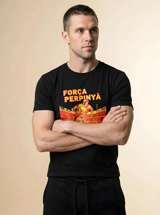 T-shirt rugby Ballon Ovale FORÇA PERPINYÀ blanc, vue face joueur rouge et jaune