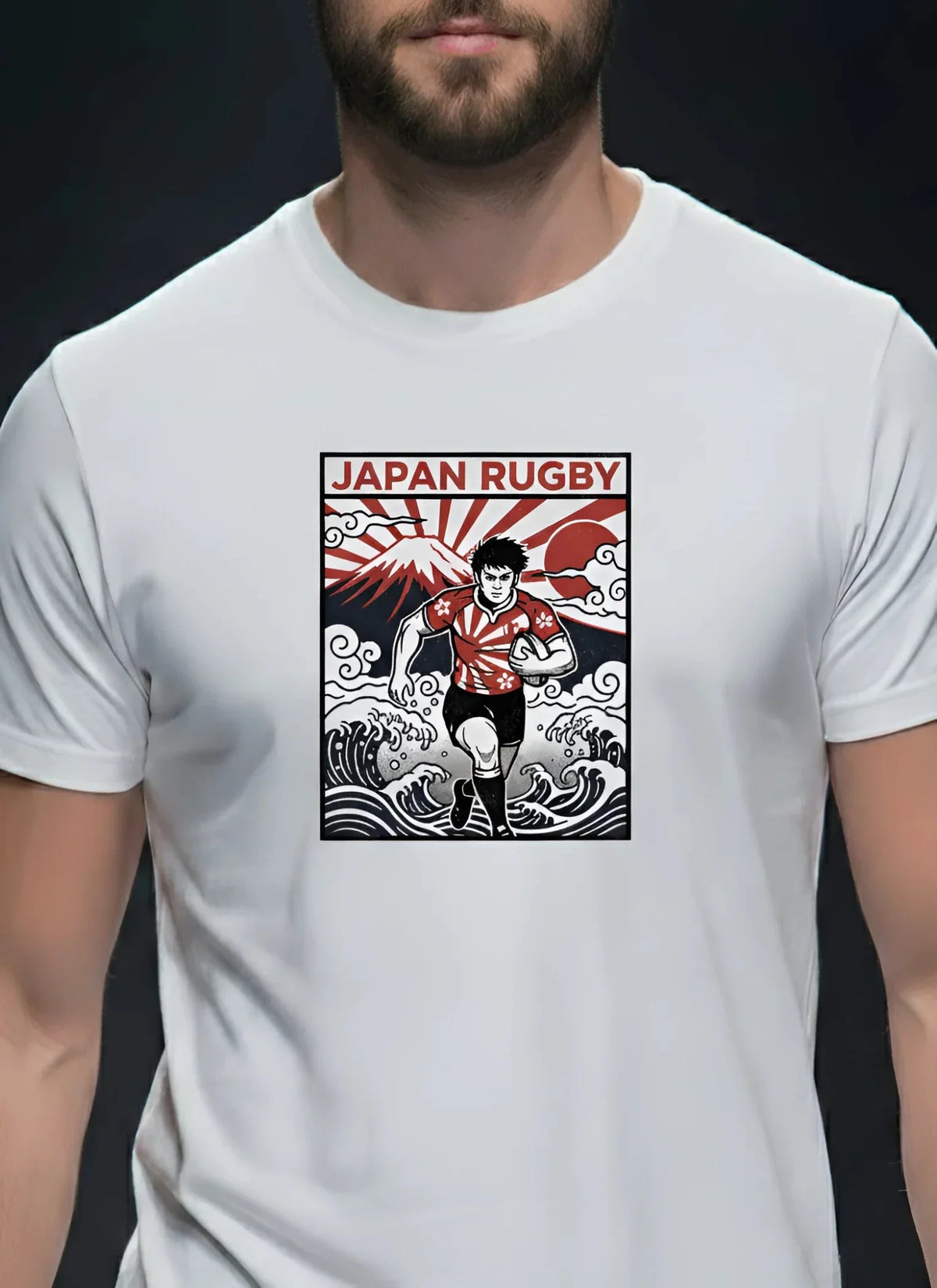 T-shirt rugby Ballon Ovale Japan, détail visuel Japan Rugby vague Hokusai