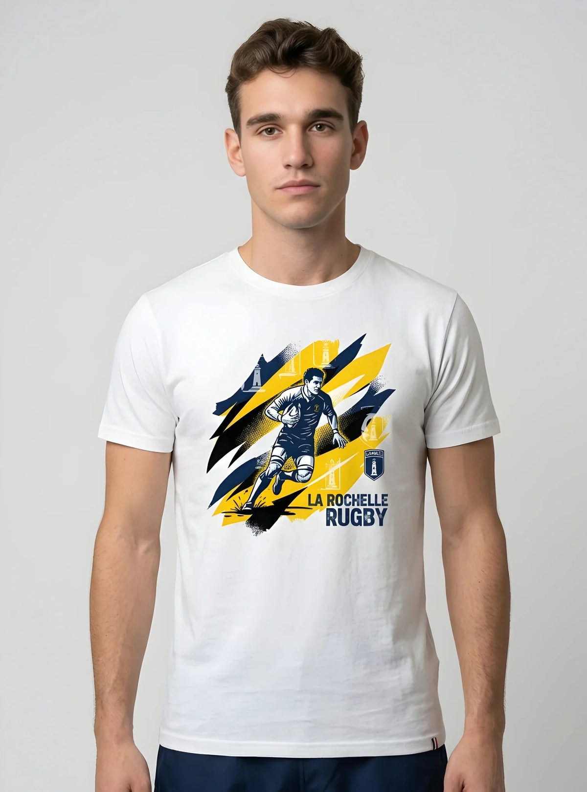T-shirt rugby Ballon Ovale La Rochelle blanc, vue face joueur et phare jaune