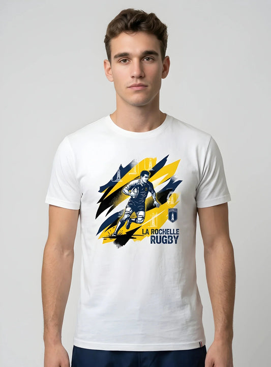 T-shirt rugby Ballon Ovale La Rochelle blanc, vue face joueur et phare jaune