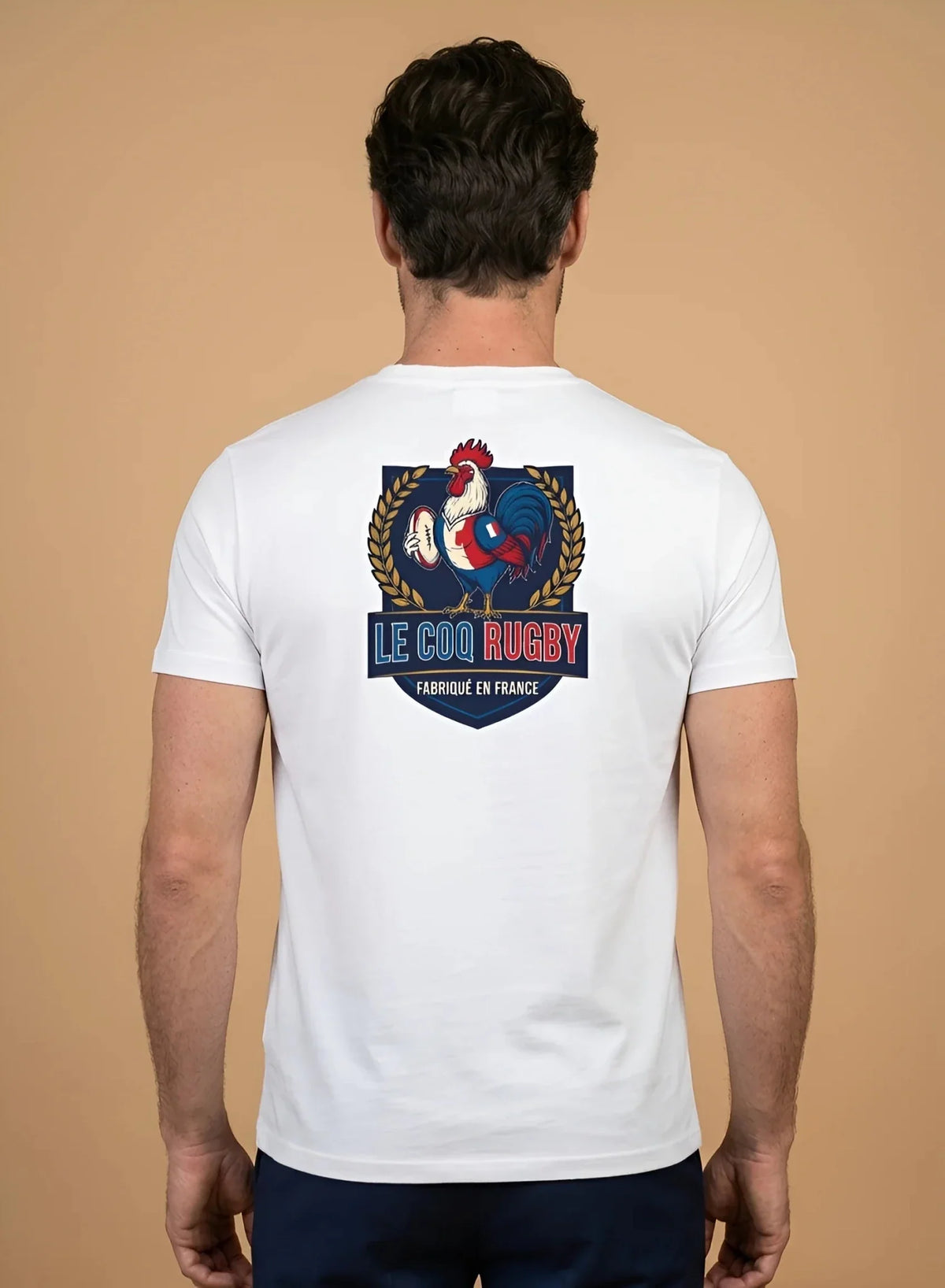 T-shirt rugby Ballon Ovale Le Coq Rugby blanc, vue face coq et blason