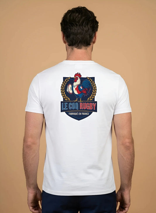 T-shirt rugby Ballon Ovale Le Coq Rugby blanc, vue face coq et blason