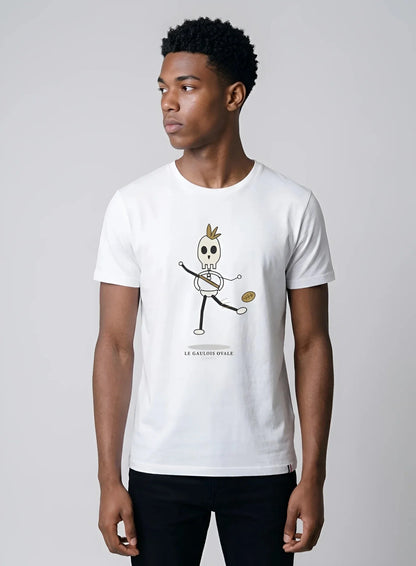 T-shirt rugby Blanc Le Gaulois Ovale Le Dégagement, vue de dos mascotte au pied