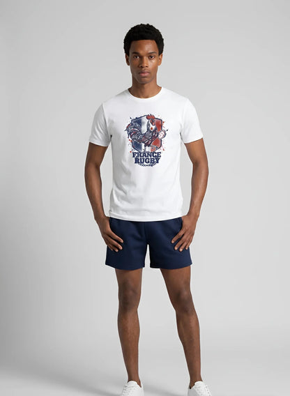 T-shirt rugby Ballon Ovale L'Esprit du Coq Français blanc, vue face coq et ballon
