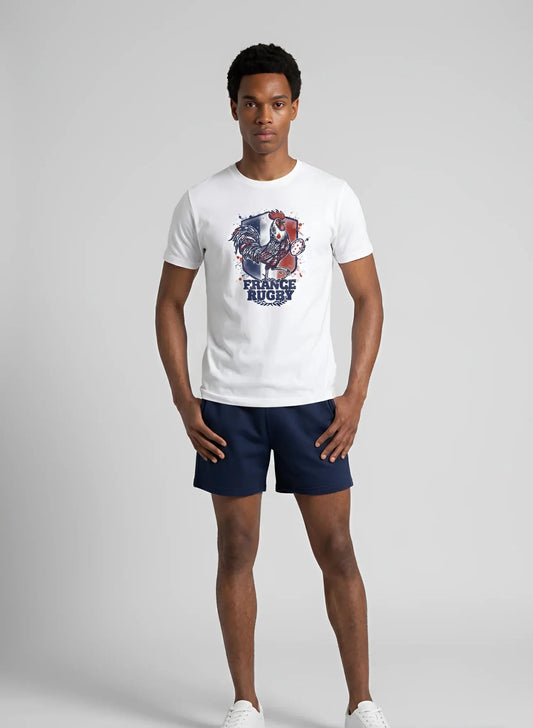 T-shirt rugby Ballon Ovale L'Esprit du Coq Français blanc, vue face coq et ballon