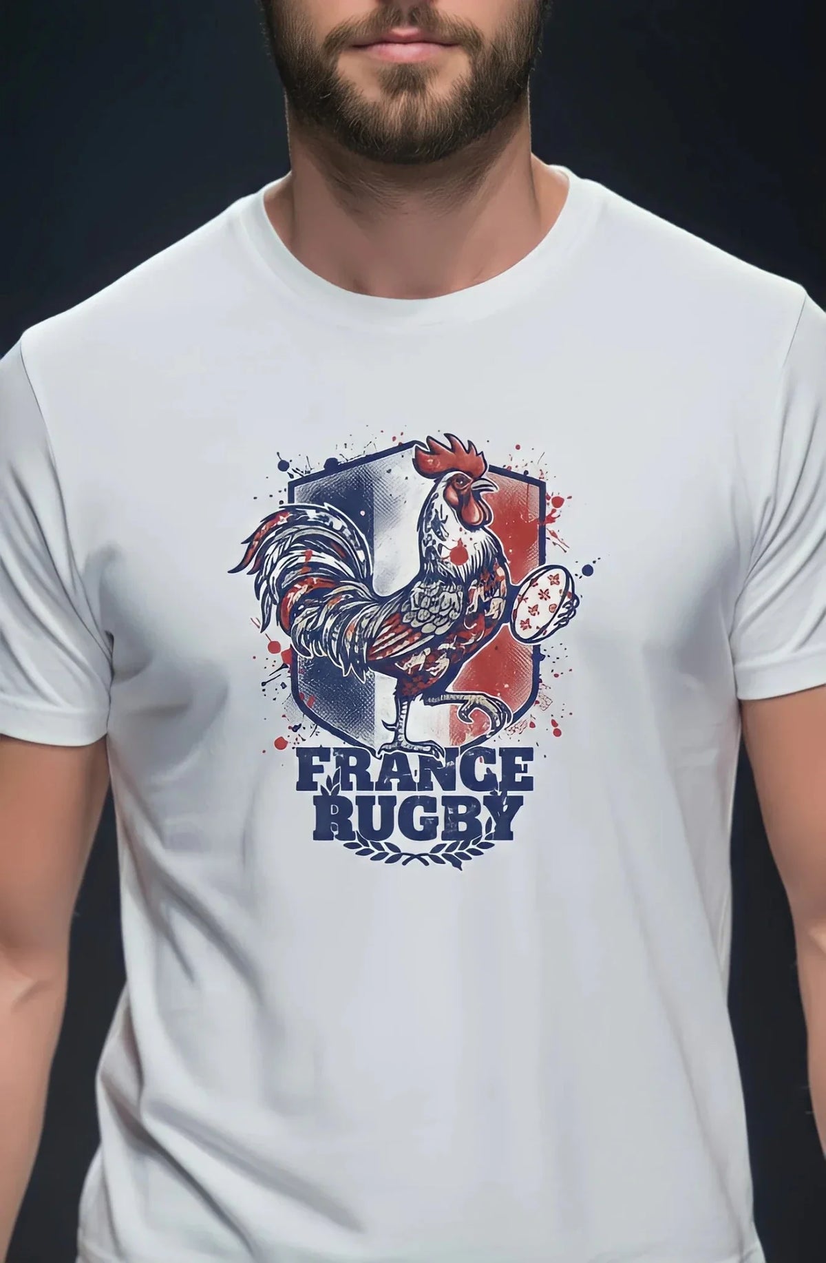 T-shirt rugby Ballon Ovale L'Esprit du Coq Français, détail inscription France Rugby et lauriers