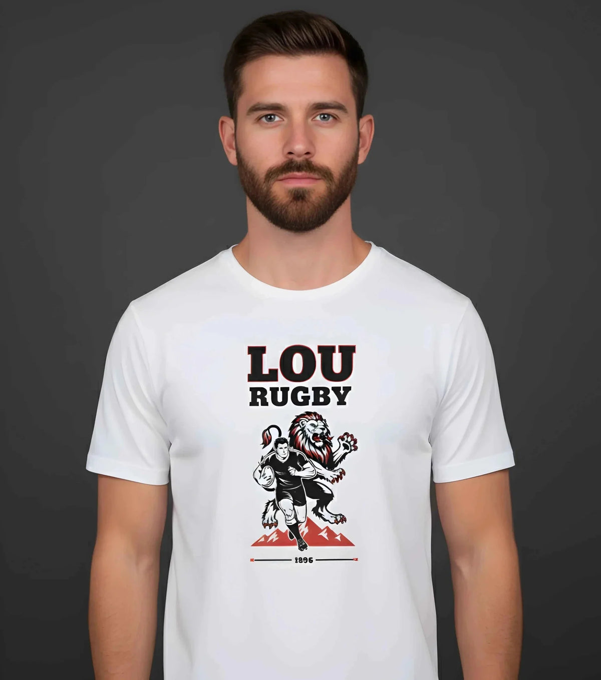 T-shirt rugby Ballon Ovale LOU blanc, vue face joueur et lion rugissant