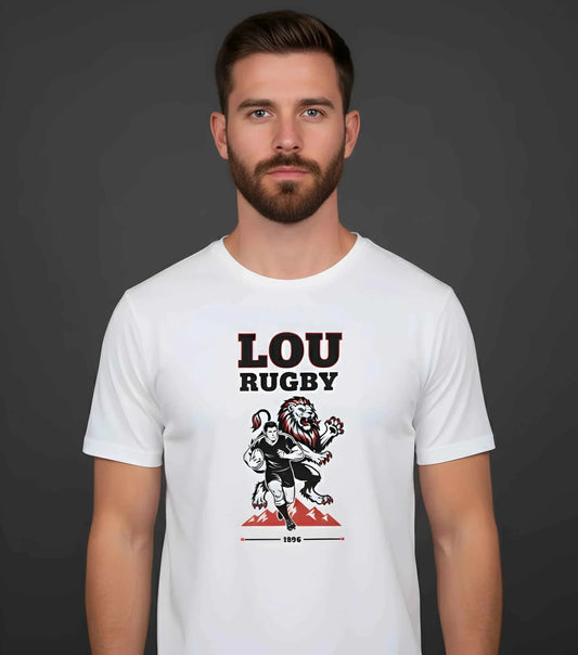 T-shirt rugby Ballon Ovale LOU blanc, vue face joueur et lion rugissant