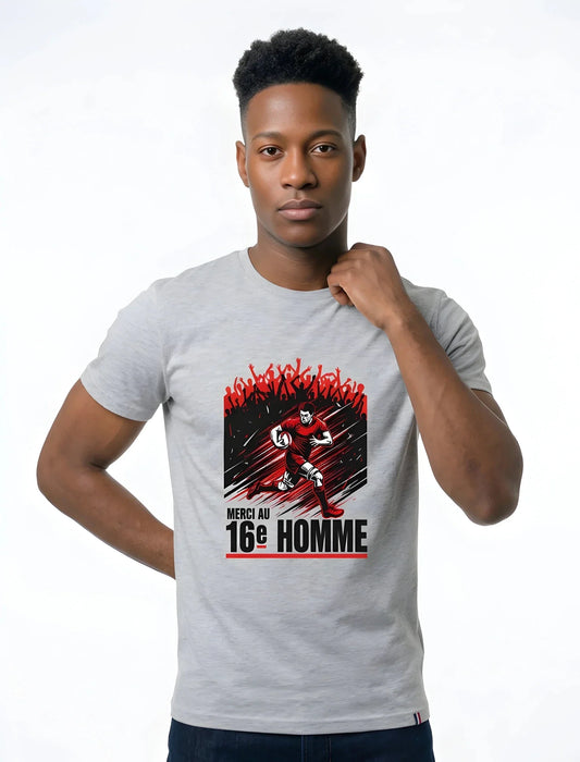 T-shirt rugby Ballon Ovale Merci au 16e Homme blanc, vue face slogan rouge