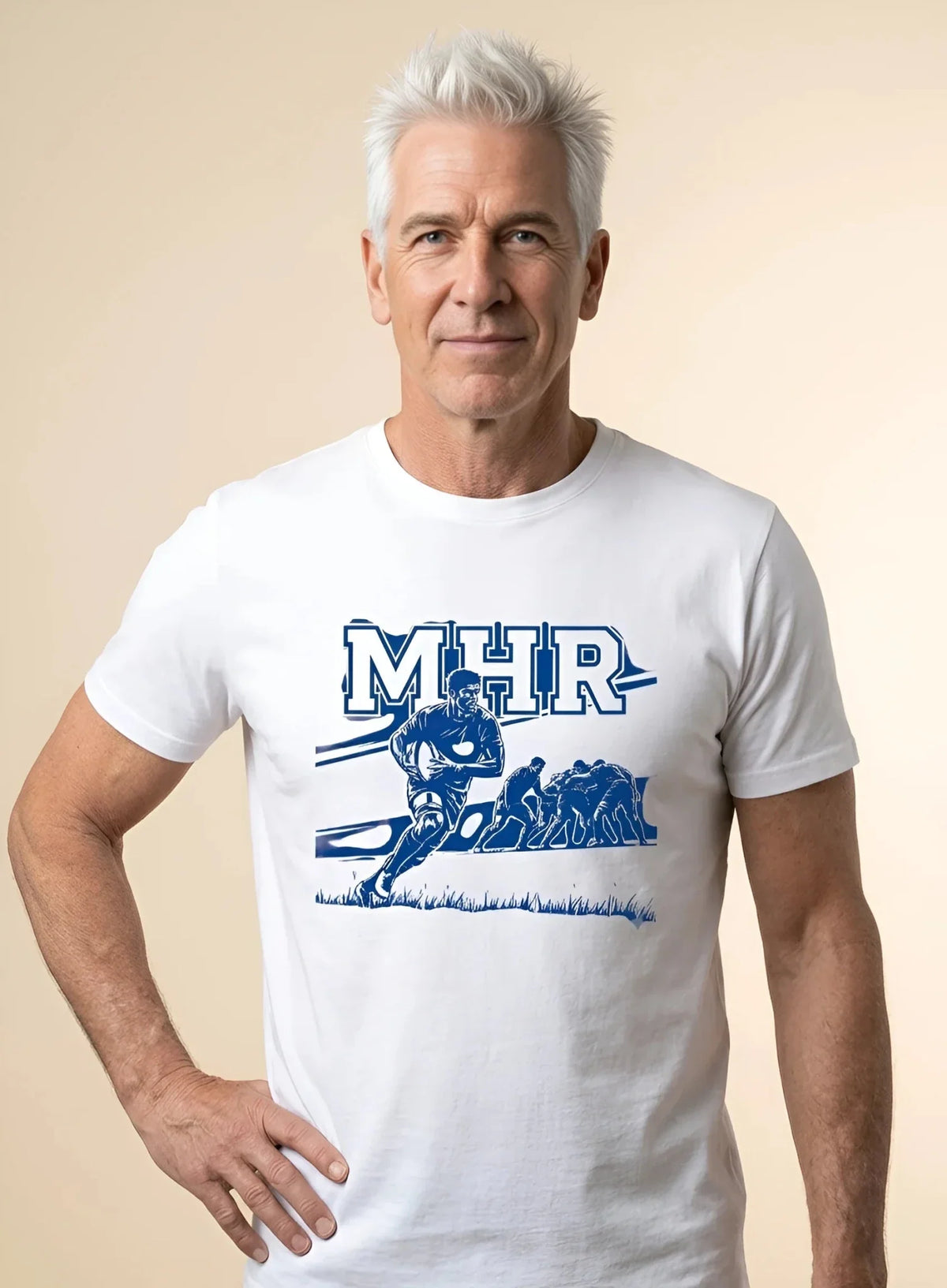 T-shirt rugby Ballon Ovale MHR blanc, vue face joueur en course bleu