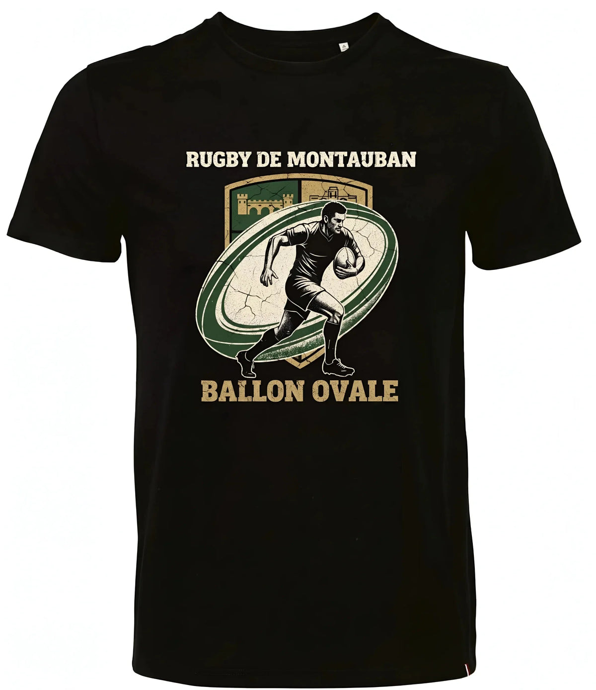 T-shirt rugby Ballon Ovale Montauban, détail blason vert et or