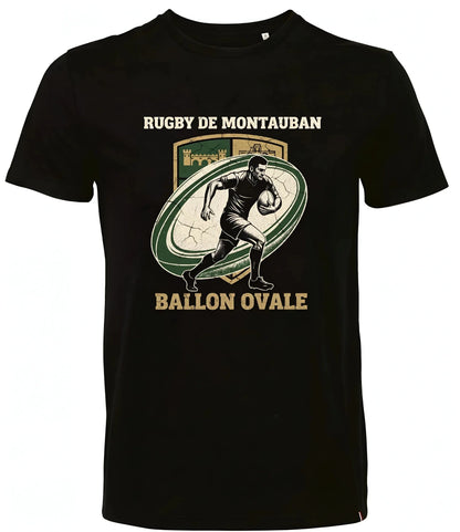 T-shirt rugby Ballon Ovale Montauban, détail blason vert et or