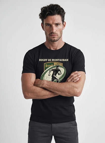 T-shirt rugby Ballon Ovale Montauban noir, vue face rugbyman en course