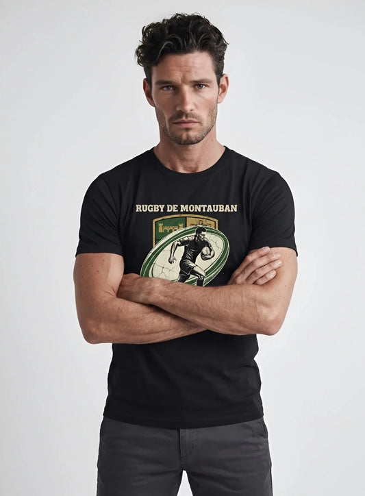 T-shirt rugby Ballon Ovale Montauban noir, vue face rugbyman en course