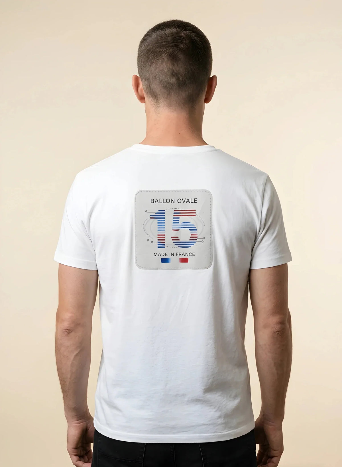 T-shirt rugby Ballon Ovale numéro 15 blanc, vue de dos numéro tricolore