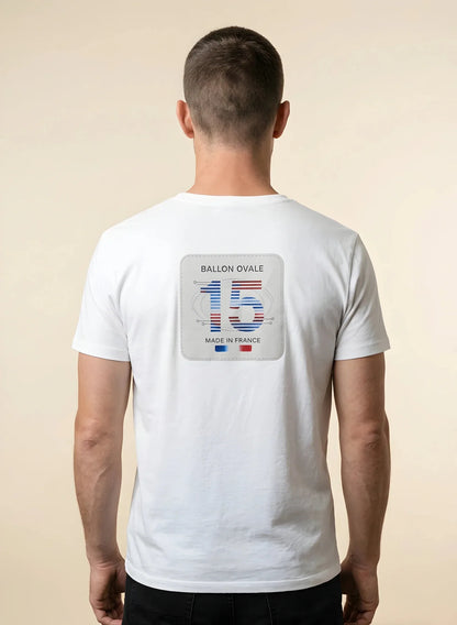 T-shirt rugby Ballon Ovale numéro 15 blanc, vue de dos numéro tricolore