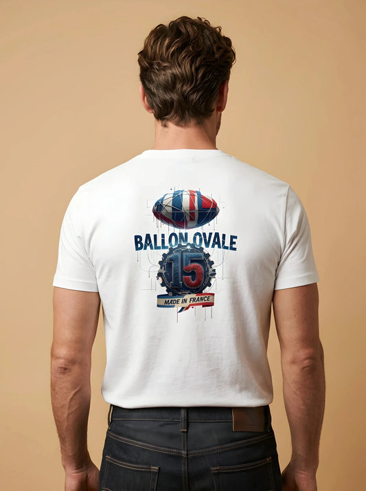 T-shirt Ballon Ovale Numéro 15 Édition Mécanique, vue de dos ballon tricolore facetté