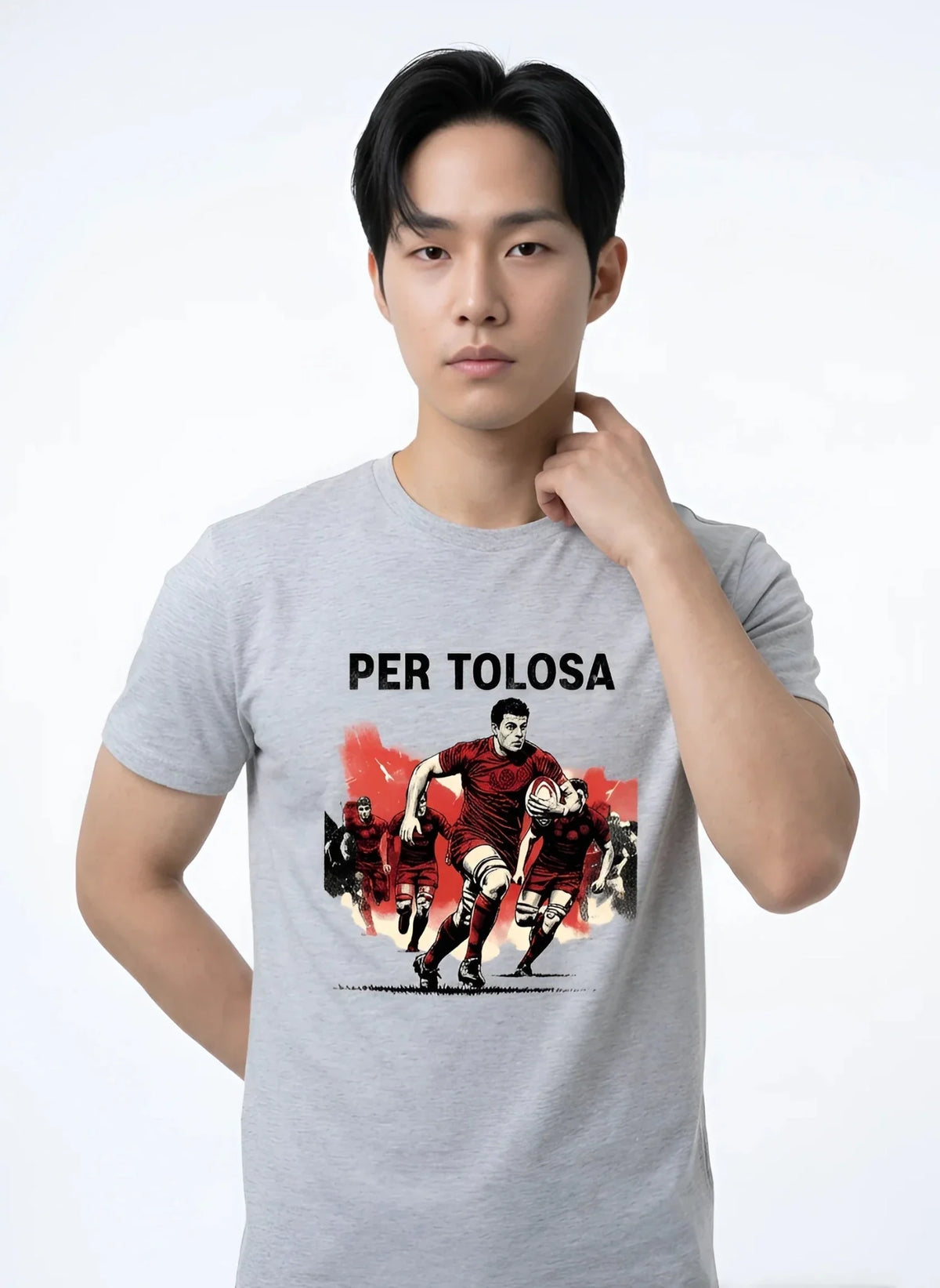 T-shirt rugby Ballon Ovale Per Tolosa, détail slogan Per Tolosa