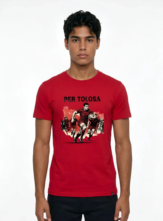 T-shirt rugby Ballon Ovale Per Tolosa blanc, vue face style comics