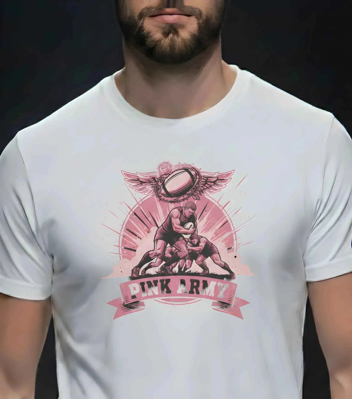 T-shirt rugby Ballon Ovale Pink Army, détail bannière Pink Army