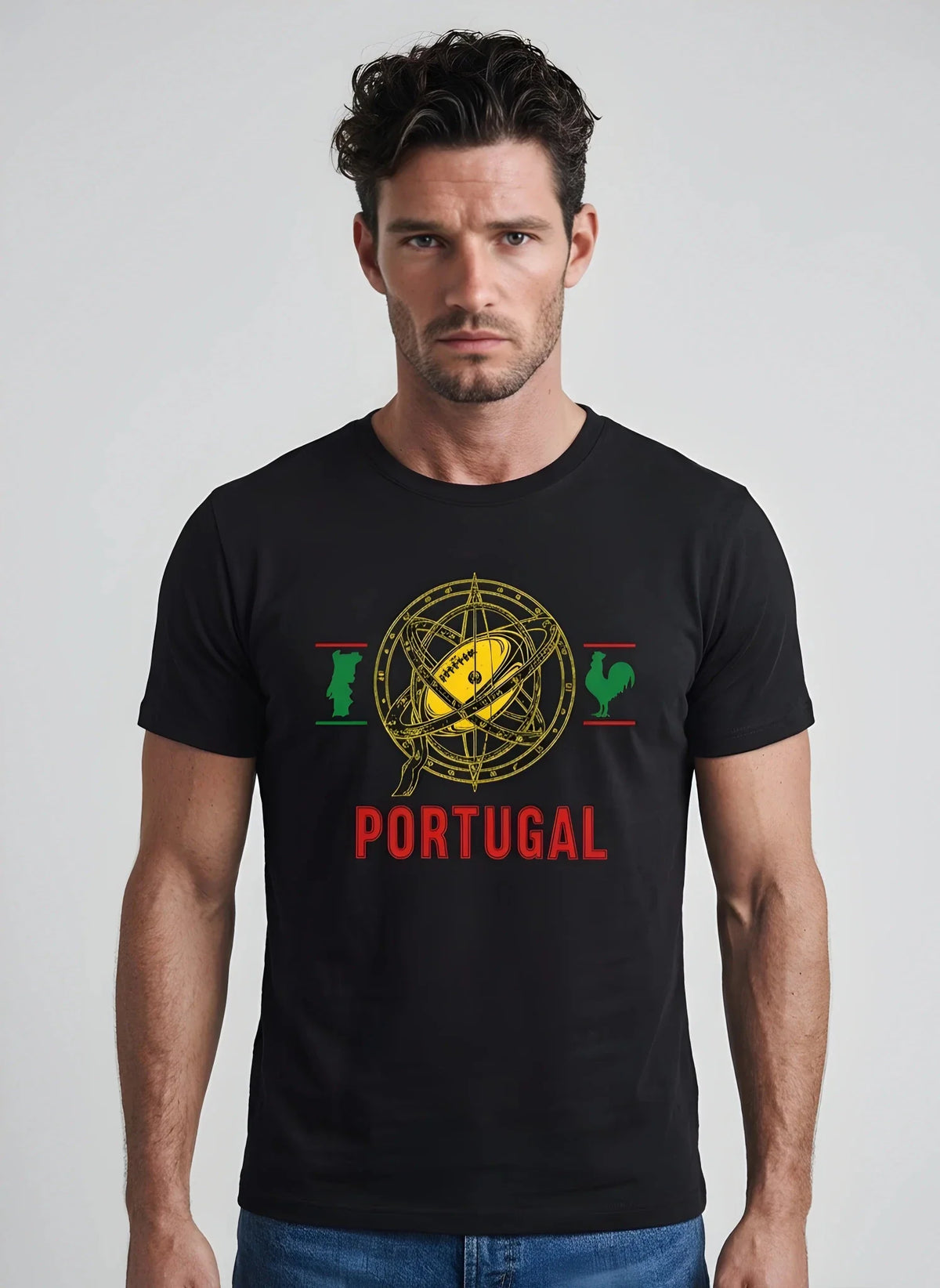 T-shirt rugby Ballon Ovale Portugal blanc, vue face sphère armillaire et coq de Barcelos