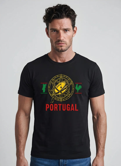 T-shirt rugby Ballon Ovale Portugal blanc, vue face sphère armillaire et coq de Barcelos