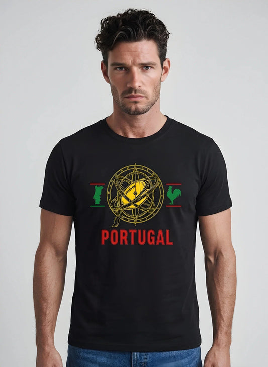 T-shirt rugby Ballon Ovale Portugal blanc, vue face sphère armillaire et coq de Barcelos