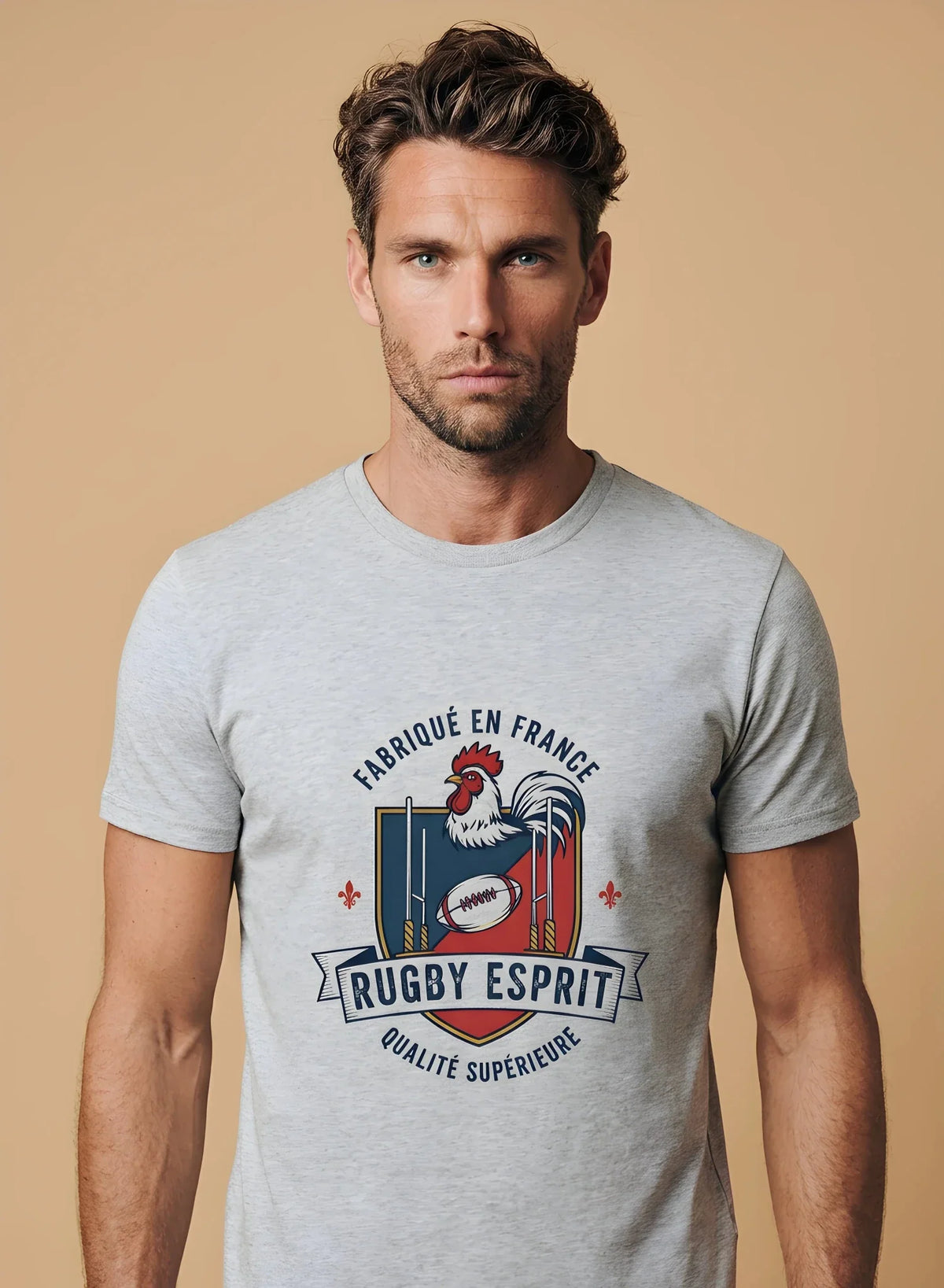 T-shirt Ballon Ovale Rugby Esprit Vintage, détail blason coq gaulois et poteaux