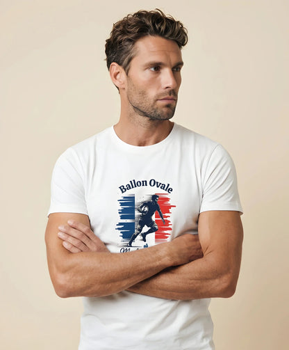 T-shirt rugby Ballon Ovale Tricolore, détail logo coq et inscription Made in France