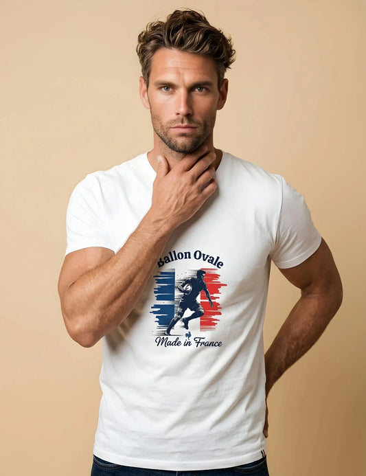 T-shirt rugby Ballon Ovale Tricolore blanc, vue face joueur et drapeau français
