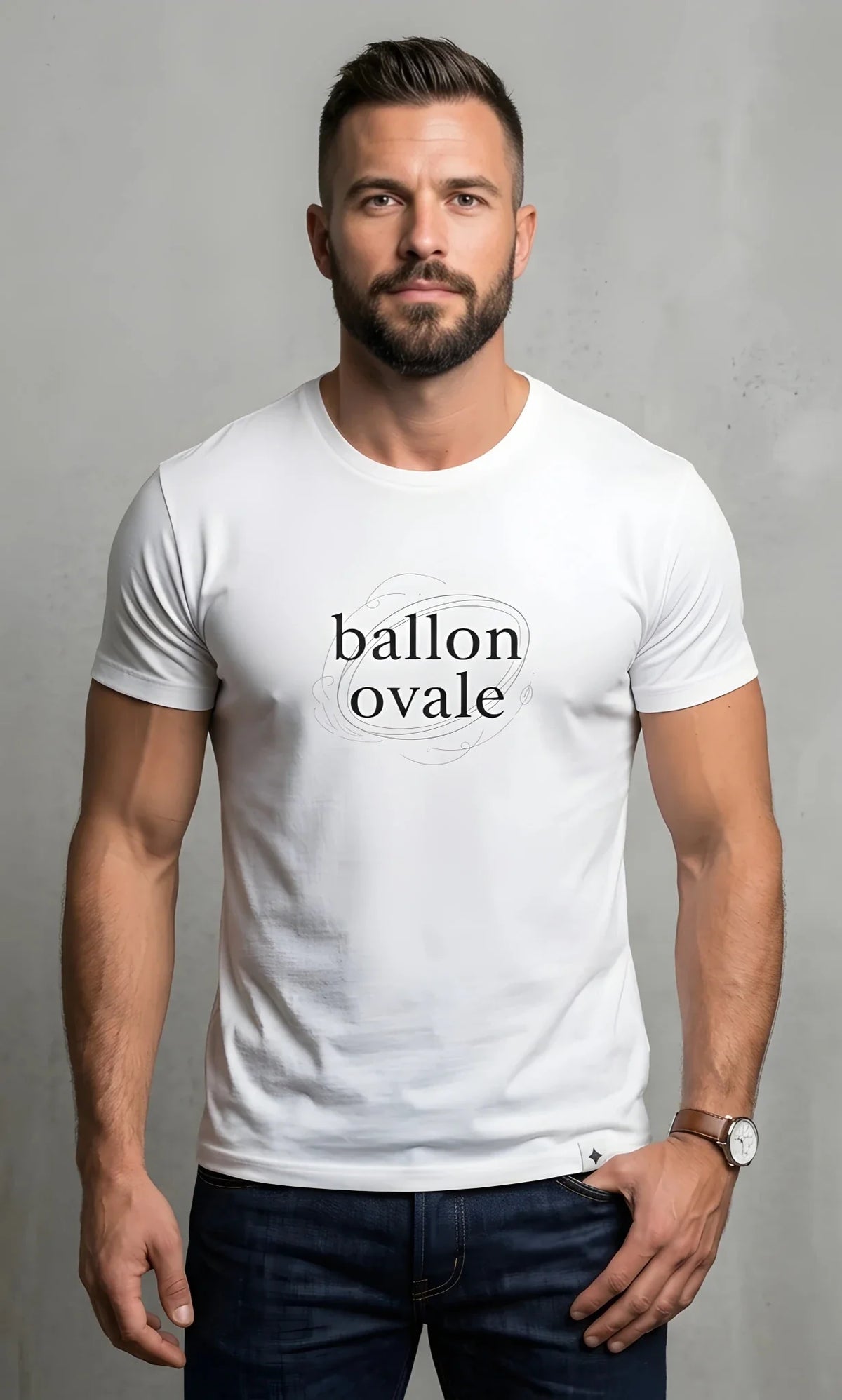 T-shirt Blanc Ballon Ovale Élégance Minimaliste, vue face typographie épurée