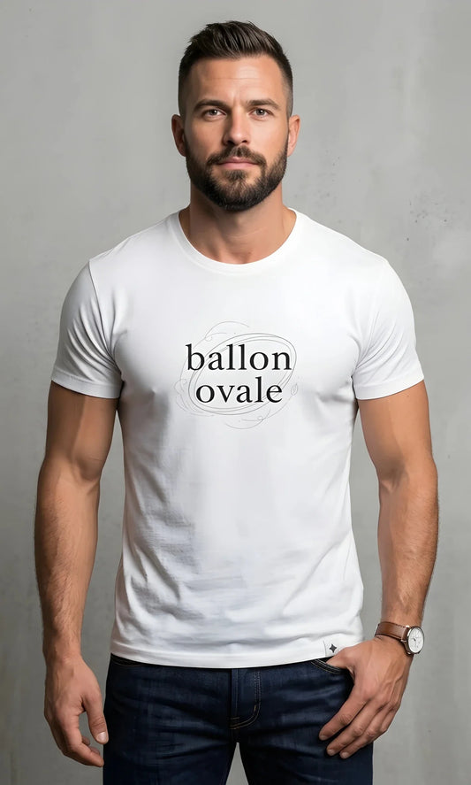 T-shirt Blanc Ballon Ovale Élégance Minimaliste, vue face typographie épurée