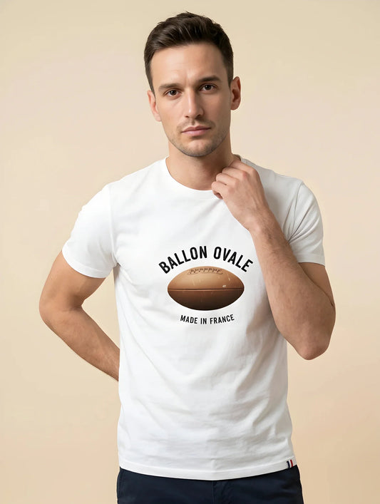 T-shirt blanc Rugby Ballon en Cuir Ballon Ovale, vue face illustration ballon vintage